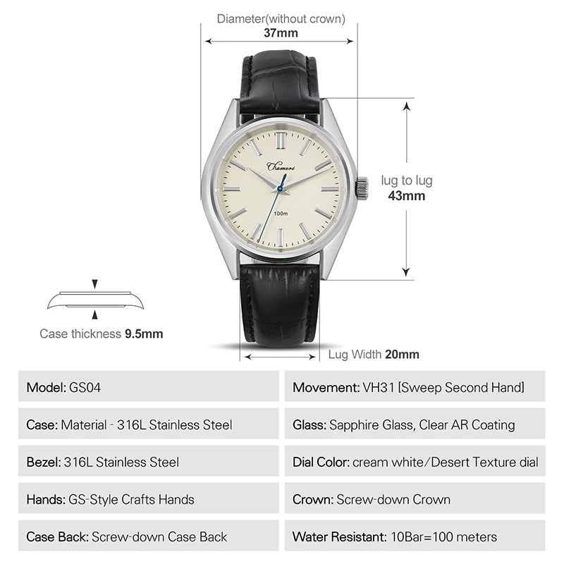 Chameri GS04 Quartz Watch VH31 Sweep Movement Business Watch Sapphire Crystal 100m Waterproof 316L Stainless Steel Vintage Watch