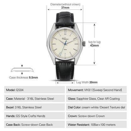 Chameri GS04 Quartz Watch VH31 Sweep Movement Business Watch Sapphire Crystal 100m Waterproof 316L Stainless Steel Vintage Watch
