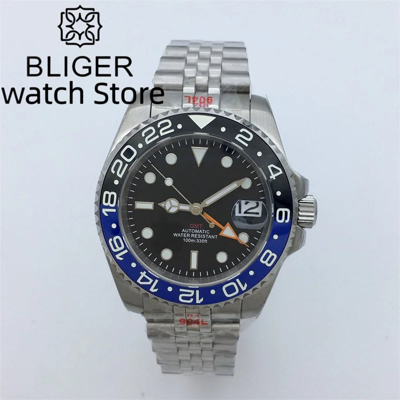 BLIGER 40mm NH34 GMT Watch For Men Mechanical Wristwatch Luminous Bezel Sapphire Glass Stainless Steel Bracelet Men's Watch