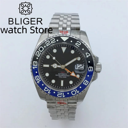 BLIGER 40mm NH34 GMT Watch For Men Mechanical Wristwatch Luminous Bezel Sapphire Glass Stainless Steel Bracelet Men's Watch