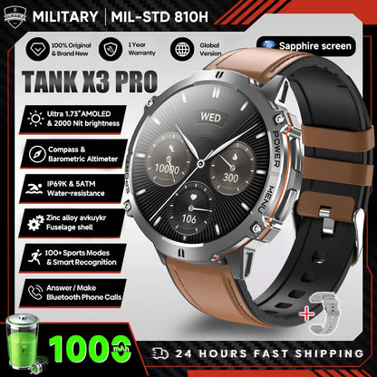 2026 Novo Smartwatch Militar TANK X3 para Homem, Bateria 1000mAh, 10ATM À Prova de Água para Natação, Percurso GPS, Ecrã AMOLED HD de 1.75", Chamadas e Desporto