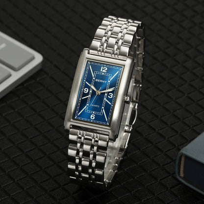 BERNY square men’s watch – Quartz movement, Roman numeral dial, luminescent display, 316L stainless steel case – An elegant and casual rectangular watch