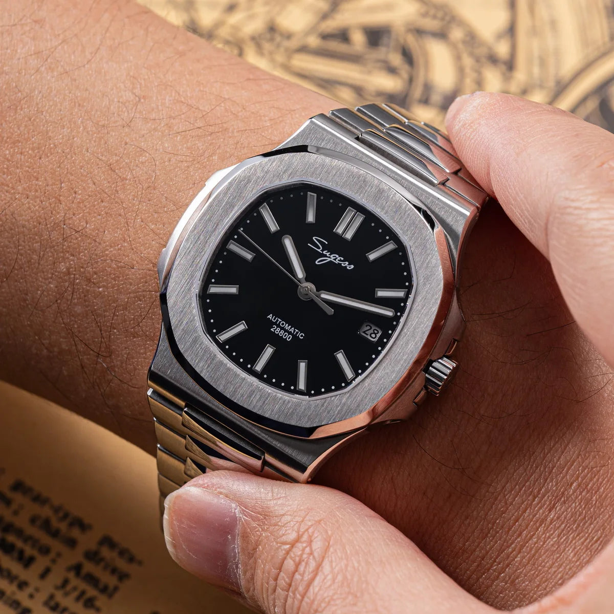 Sugess Man Watch Automatic Mechanical Wristwatches Miyota 9015 Movement MOP Dial Luminous Waterproof 5bar Bracelet Luxury S466