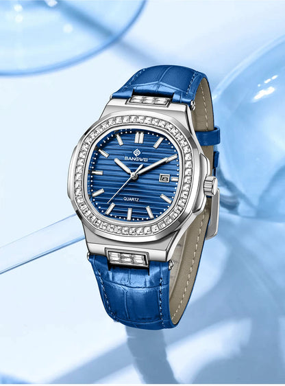 New Fashion BANGWEI Elegant Luxury Quartz Woman Watch Simple Dial Diamond Retro Leather Date Waterproof Luminous Women's Watches