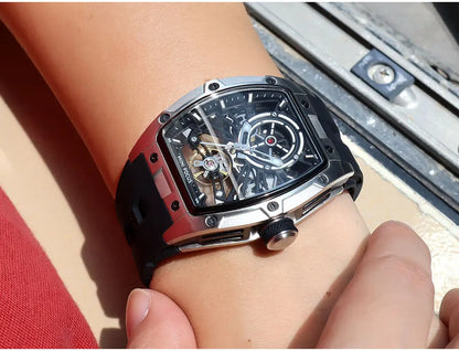 MINI FOCUS Men's Wristwatch Fashion Black Waterproof Automatic Mechanical Watch with Luminous Hands Silicone Strap Tonneau Dial
