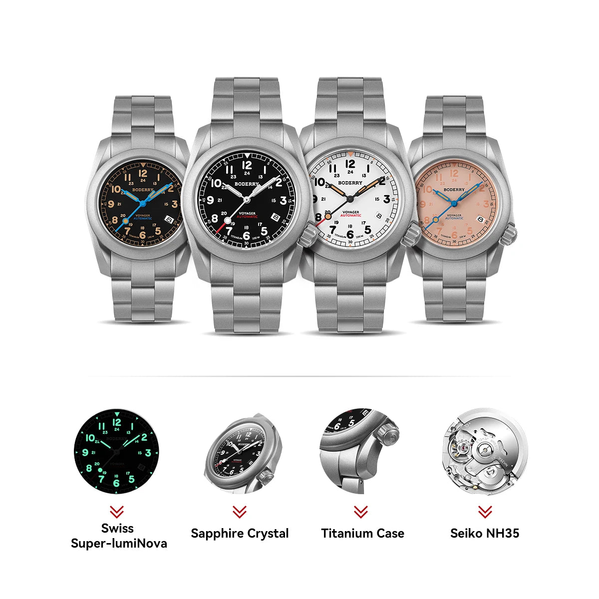 Boderry Field Watch VOYAGER Men's Watches 100M Waterproof Titanium Automatic Luminous For Seiko Movement Wristwatch