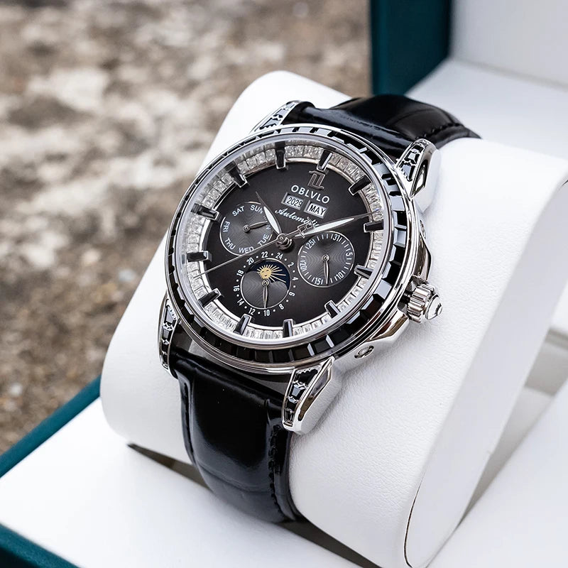 OBLVLO Men Automatic Watch 40mm Mechanical Wristwatch 5ATM Luminous Crystal Bezel Year,Month,Week,Date,24 Hours TY1655 Mov.