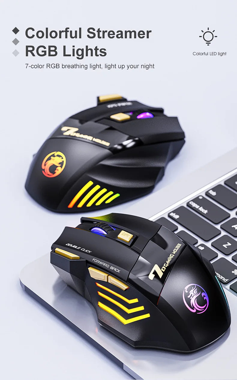 Mouse gaming wireless USB IMICE GW-X7 3200DPI dual mode ricaricabile, 7 tasti, 2.4Ghz, silenzioso, Bluetooth, LED breathing a 7 colori