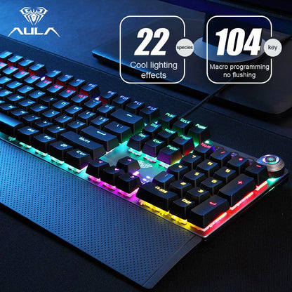 Teclado mecánico AULA F2088 con cable para gaming, perilla multifunción, 104 teclas, retroiluminación mágica y programación de macros para ordenador
