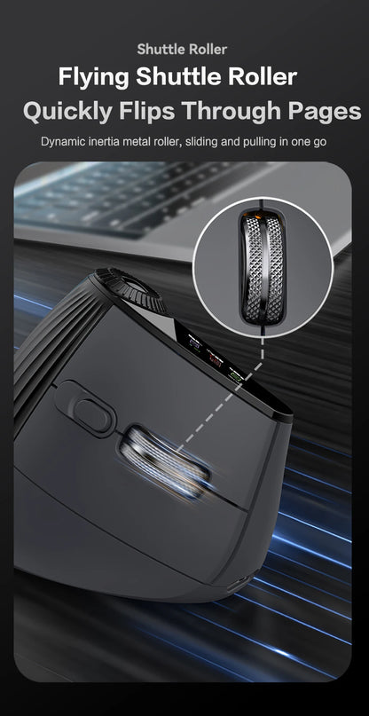 Jomaa RGB-verlichte Speed Roller draadloze verticale muis met functie-instelknop, Bluetooth USB, ergonomische muis, stille klik
