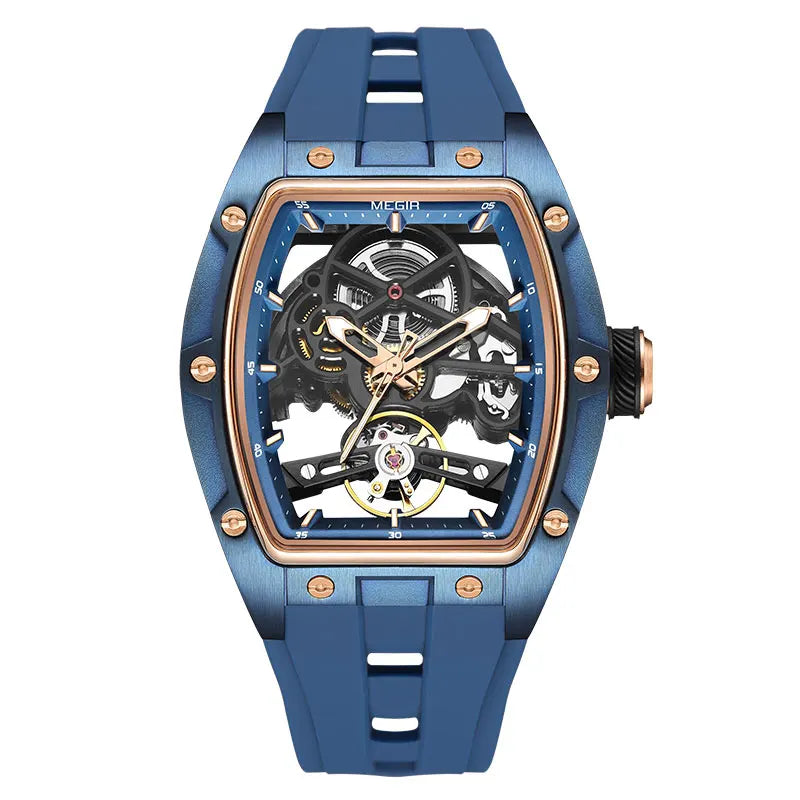 MEGIR 2242 Blue Automatic Watch for Men Sport Waterproof Stainless Steel Mechanical Wristwatch with Silicone Strap Skeleton Dial