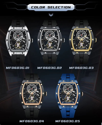 MINI FOCUS Men's Wristwatch Fashion Black Waterproof Automatic Mechanical Watch with Luminous Hands Silicone Strap Tonneau Dial