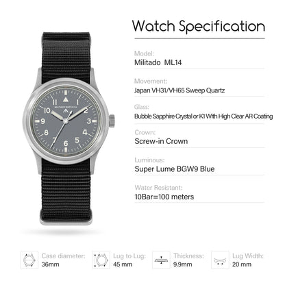 Militado ML14 Quartz Watch Cream Dial VH31/VH65 Sweep Movement Bubble K1/ Sapphire Luminous 36Mm Vintage Watches 100M Waterproof