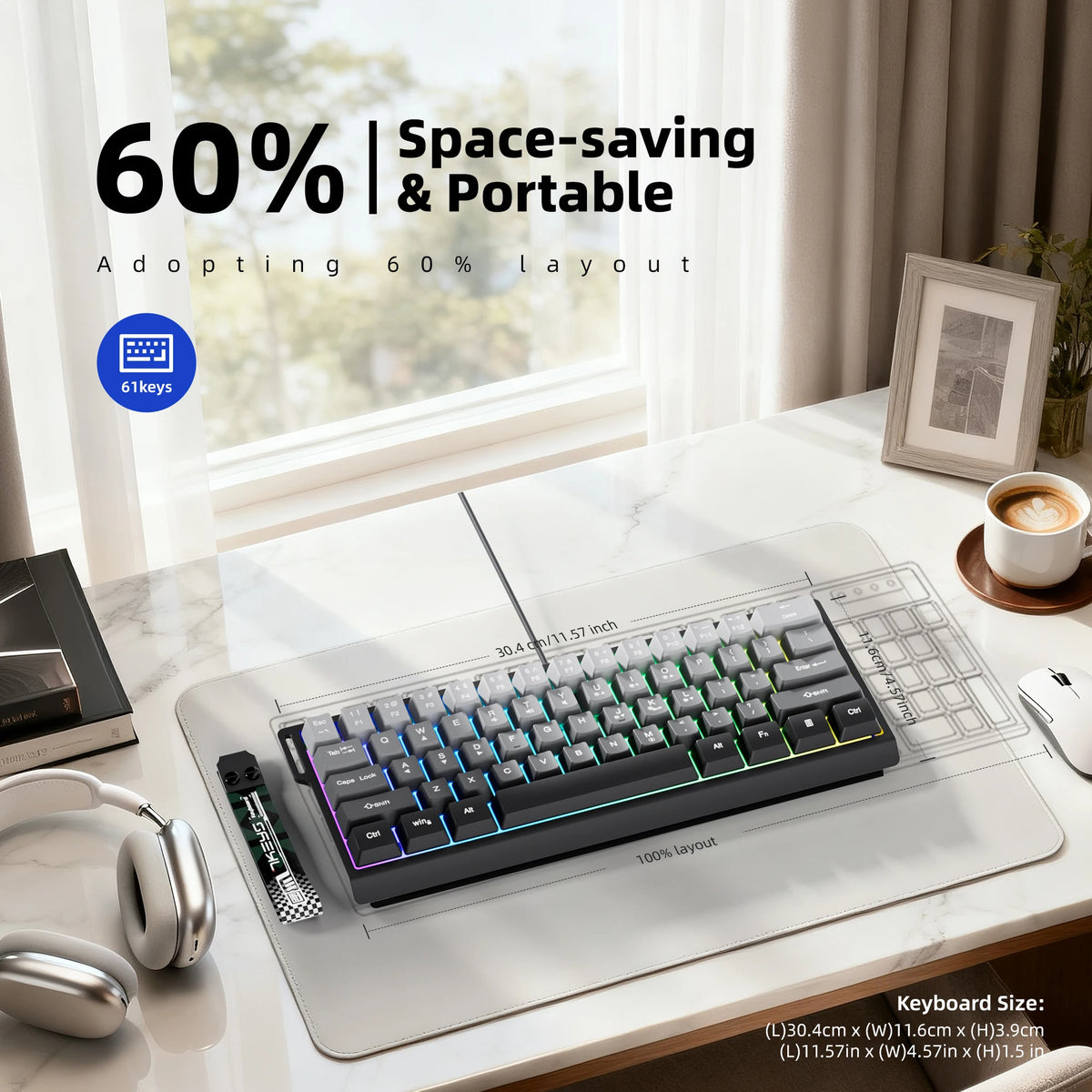 Tastatură cu fir compactă 7KEYS 60%, cu iluminare RGB, capace de taste cu gradient, tastatură de gaming USB pentru PC-uri cu Windows, laptopuri și tablete