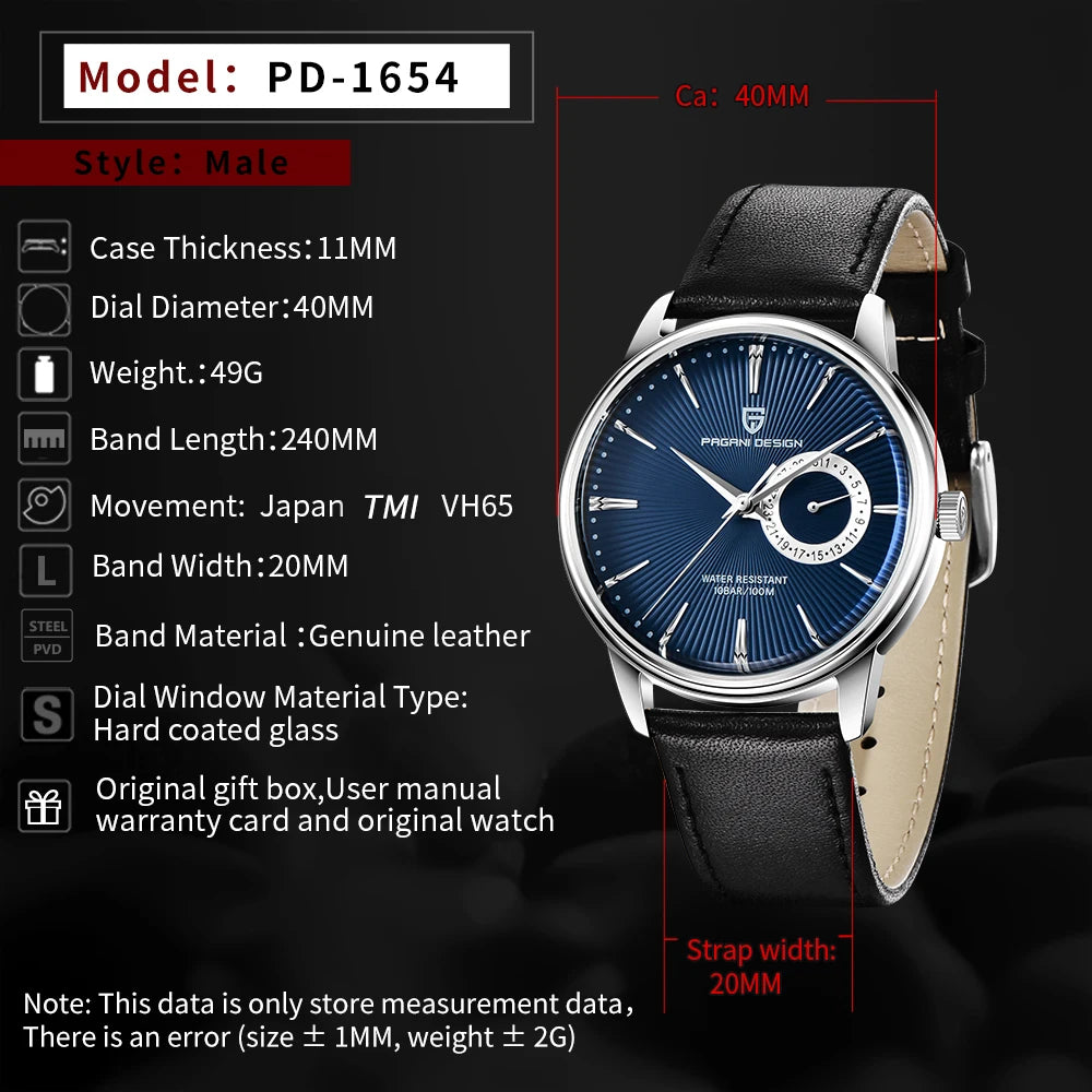 PAGANI DESIGN Men's Casual Quartz Watch Light Luxury All-Match Coated Glass Waterproof Stainless Steel Dial Date Display Watch