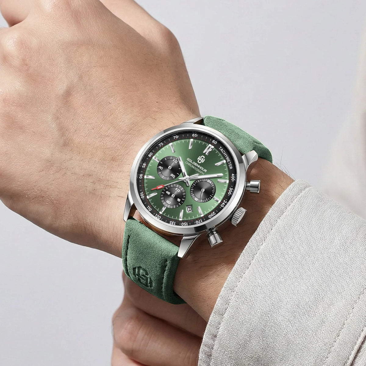 Montre de luxe pour homme GOLDENHOUR – Chronographe à quartz, cadran vert, bracelet en cuir, étanche, luminescente, style militaire et sportif