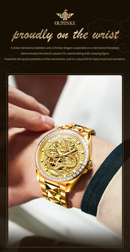 OUPINKE Orologio da uomo Top Brand di lusso in oro e acciaio al tungsteno, orologio da polso meccanico automatico originale con quadrante con motivo drago