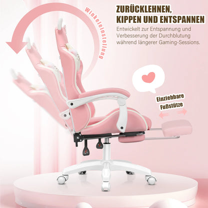 Sedia da gaming con orecchie da gatto, poltrona da computer con poggiapiedi e supporto lombare, sedia da gioco regolabile in altezza, seduta girevole a 360°
