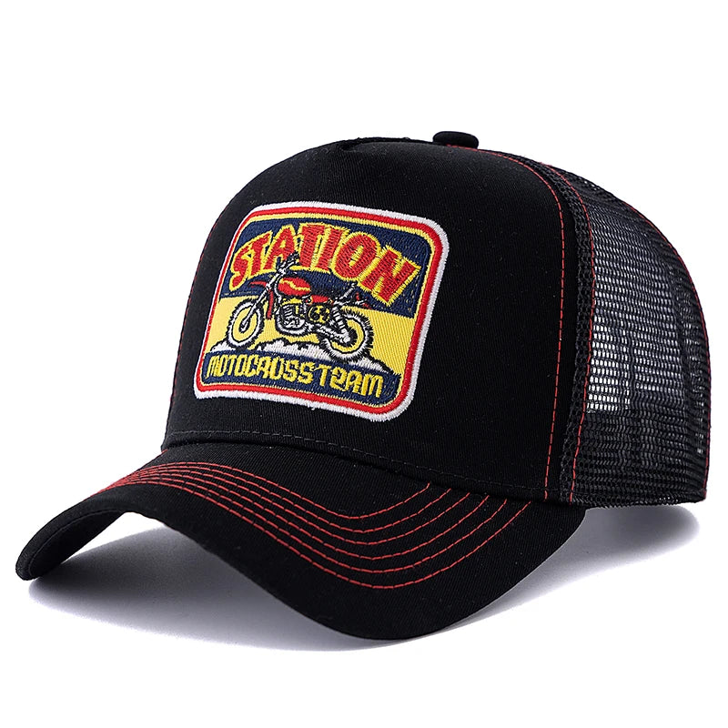 Cappellino da baseball unisex in rete, modello Trucker classico con motivo motociclistico, traspirante, estivo, in stile streetwear per uomo e donna