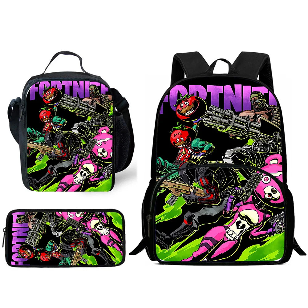Mochilas Infantis com Design de Jogo Popular, Saco de Almoço e Estojo, Mochilas Escolares de Grande Capacidade para Alunos, Rapaz e Rapariga, Melhor Presente F-FortniteS