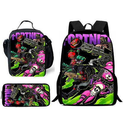 Mochilas Infantis com Design de Jogo Popular, Saco de Almoço e Estojo, Mochilas Escolares de Grande Capacidade para Alunos, Rapaz e Rapariga, Melhor Presente F-FortniteS