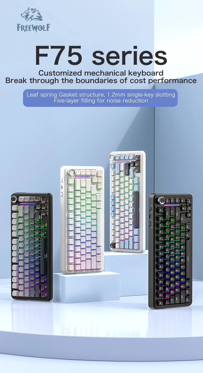 75% Hot Swap Gaming Keyboard Wireless FREEWOL F75 RGB Mechanical Keyboard with Metal Knobs AULA F75 Same Model, Tri-Mode, 4000 mAh