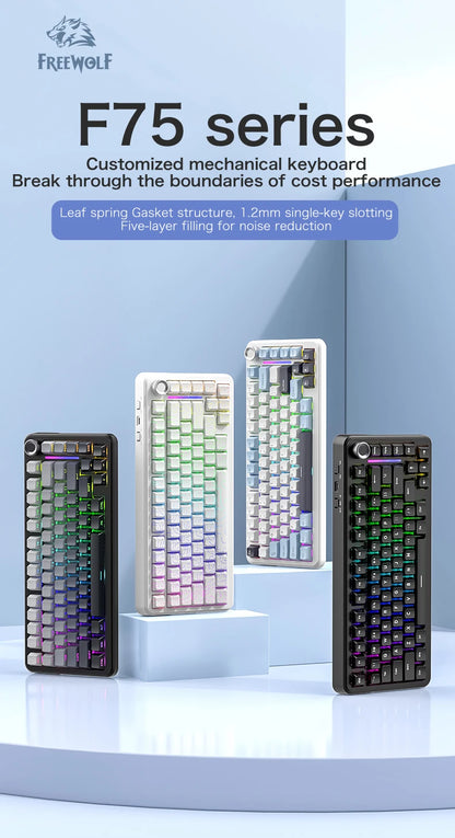 75% Hot Swap Gaming Keyboard Wireless FREEWOL F75 RGB Mechanical Keyboard with Metal Knobs AULA F75 Same Model, Tri-Mode, 4000 mAh