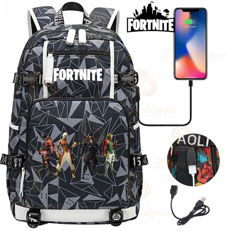 Mochila Red Jade F-Fortnited Battle Royale com carregamento USB, figuras anime e compartimento para material escolar para estudantes