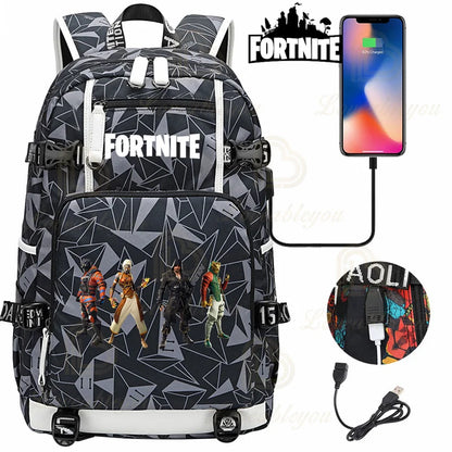 Mochila Red Jade F-Fortnited Battle Royale com carregamento USB, figuras anime e compartimento para material escolar para estudantes