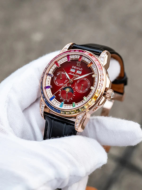 OBLVLO Men Automatic Watch 40mm Mechanical Wristwatch 5ATM Luminous Crystal Bezel Year,Month,Week,Date,24 Hours TY1655 Mov.