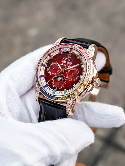 OBLVLO Men Automatic Watch 40mm Mechanical Wristwatch 5ATM Luminous Crystal Bezel Year,Month,Week,Date,24 Hours TY1655 Mov.