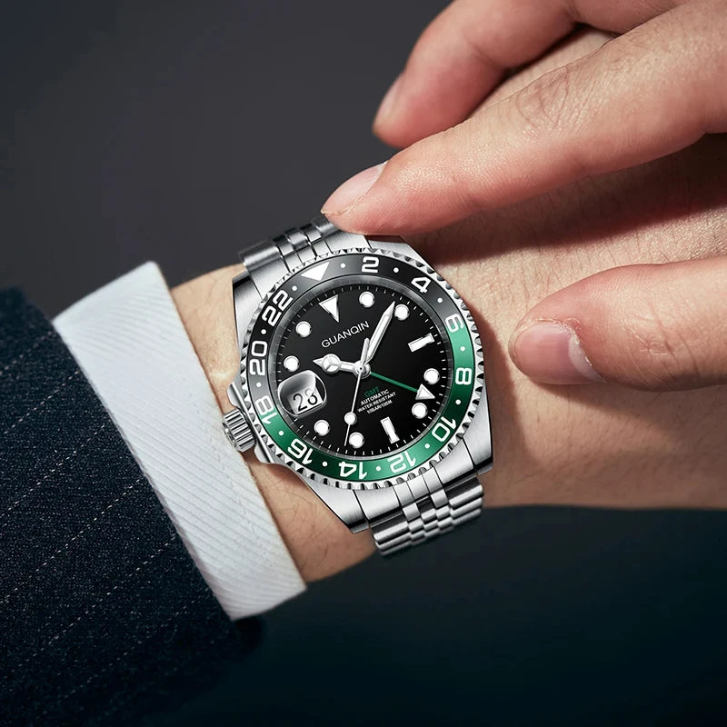 Orologio da uomo GUANQIN GMT 2025, nuovo orologio automatico da uomo NH34, meccanico da polso, vetro zaffiro, acciaio inox, per mancini
