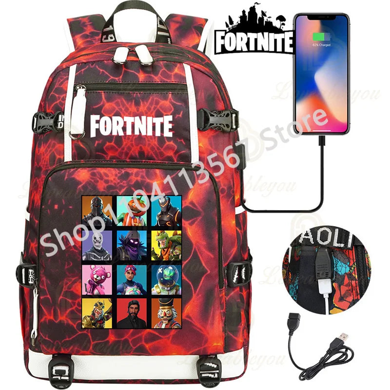 Mochila Red Jade F-Fortnited Battle Royale com carregamento USB, figuras anime e compartimento para material escolar para estudantes