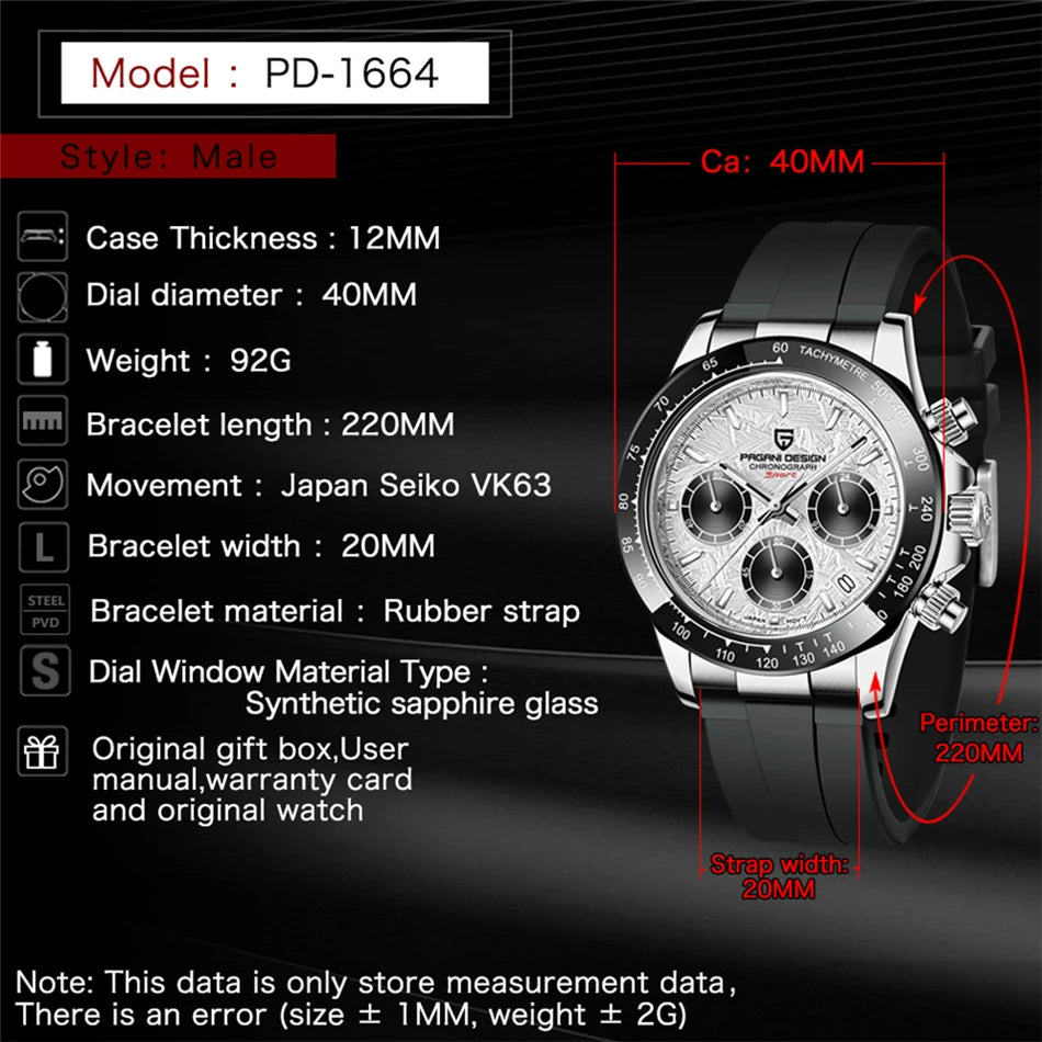 PAGANI DESIGN V2 40MM Meteorite Dial Men Quartz Watches Sapphire Retro Chronograph Waterproof Watch For Men