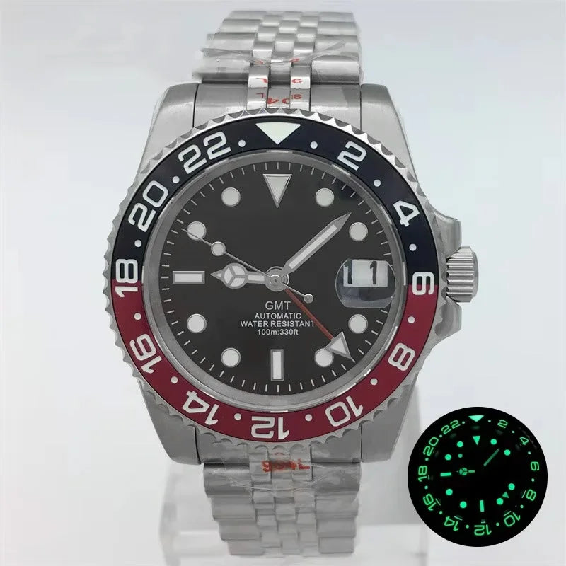 BLIGER 40mm NH34 GMT Watch For Men Mechanical Wristwatch Luminous Bezel Sapphire Glass Stainless Steel Bracelet Men's Watch
