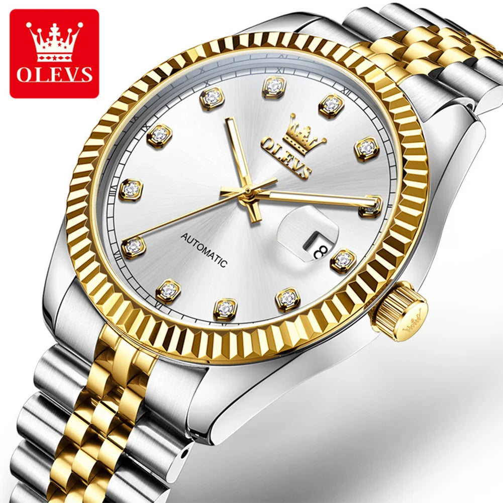 OLEVS New Automatic Watches Man Original Luxury Diamond Dial Stainless Steel Waterproof Auto Date Mechanical Watch for Men 6743
