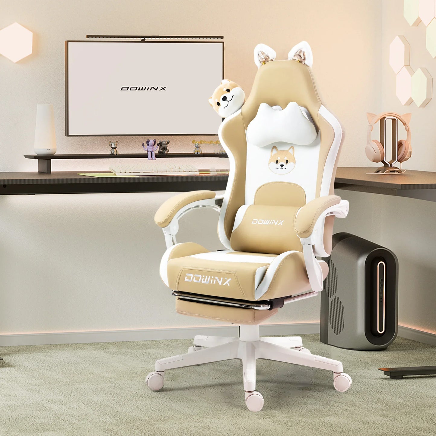Sedia da gaming carina con orecchie da gatto, poggiapiedi, rosa kawaii, sedia per computer ergonomica con schienale alto, seduta gamer e supporto lombare a zampa di gatto