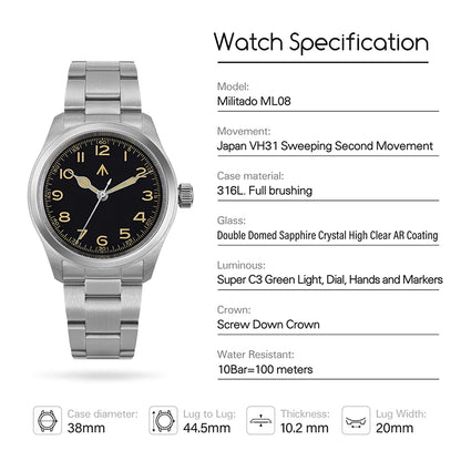 Militado ML08 Quartz Watch  VH31 Movement Steel Strip Sapphire Crystal Vintage Watch 10Bar Waterproof BGW9 Luminous Mens Watch