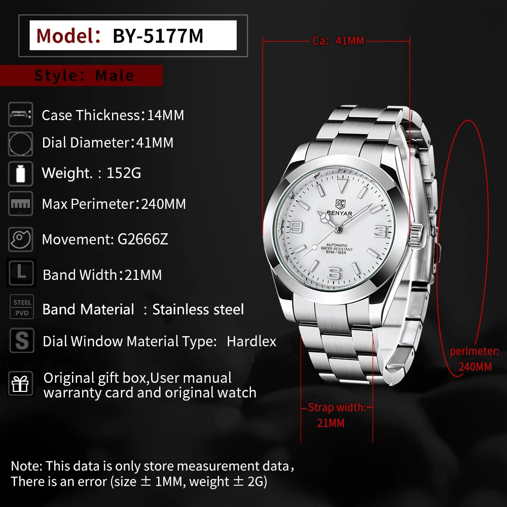 BENYAR 2025 Nuevo reloj mecánico automático para hombre, estilo business deportivo de lujo, relojes para hombre, resistente al agua 50M, Relogios Masculino