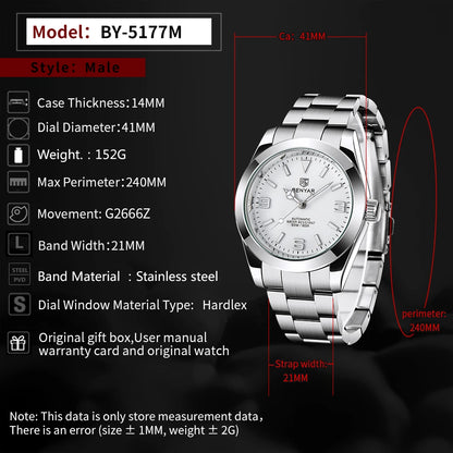 BENYAR 2025 Nuevo reloj mecánico automático para hombre, estilo business deportivo de lujo, relojes para hombre, resistente al agua 50M, Relogios Masculino
