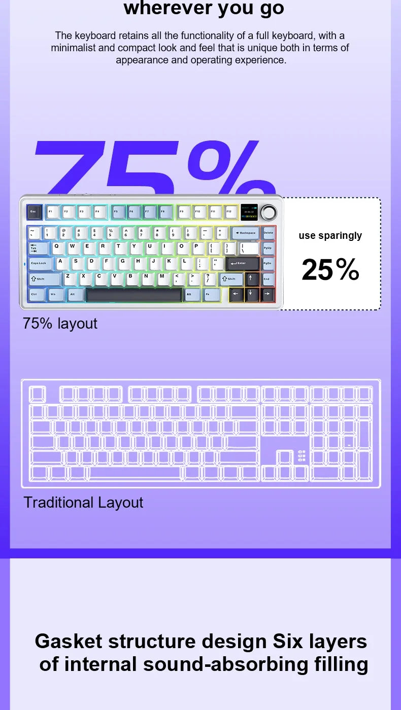Teclado Mecânico Gaming AULA F75 MAX 2.4G Sem Fios/BT/Com Fio Hot-Swap RGB 75% 81 Teclas Teclado de Escritório com Ecrã TFT