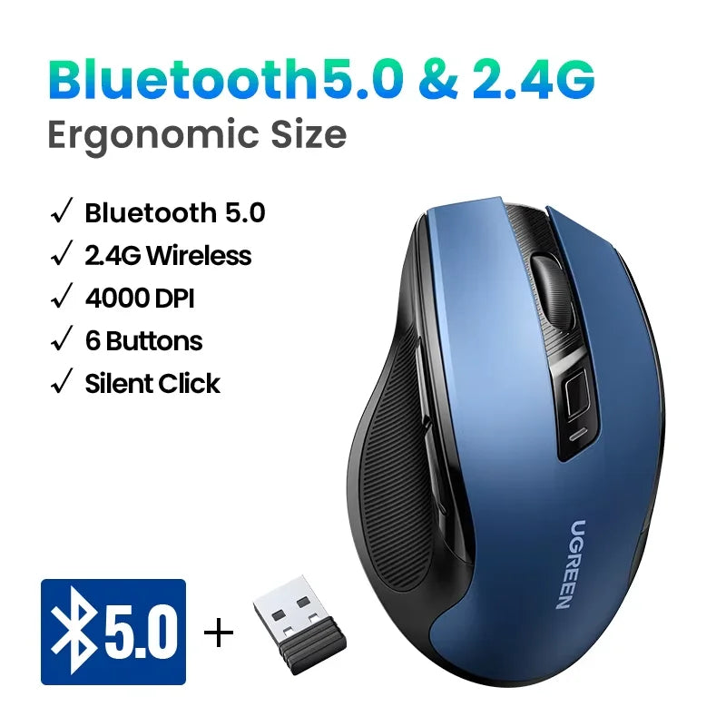 UGREEN Wireless Mouse Bluetooth 5.0 Mouse Ergonomic 4000DPI 6 Mute Buttons Mouse For MacBook Tablet Laptops Computer PC 2.4G Mice