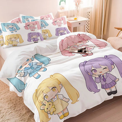 Hatsune Miku Chibi Style Duvet Cover Set Cute Anime Bedding with Pillowcases Gaming Room Teens Kids Bedroom Decor Gift for fans