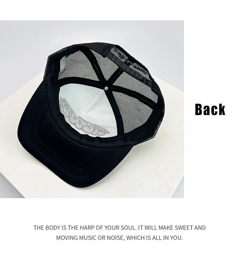 Novos bonés de basebol unissexo com blocos de cor, estampado com letras e bordado, estilo hip-hop, em malha respirável, com pala para proteção solar, bonés trucker urbanos e versáteis