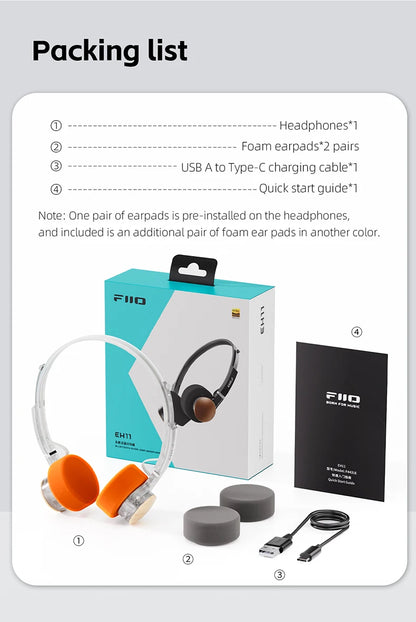 Auriculares Bluetooth On-Ear FIIO EH11 – Diadema inalámbrica Hi-Res LDAC con graves, batería de 30H, conexión a dos dispositivos y diseño retro ligero