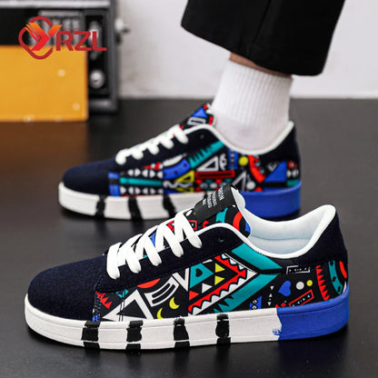 YRZL Sapatilhas de corrida desportivas para homem em lona, estilo geométrico, com atacadores, sapatilhas de casal com estampado graffiti moderno, sapatos de skate para homem