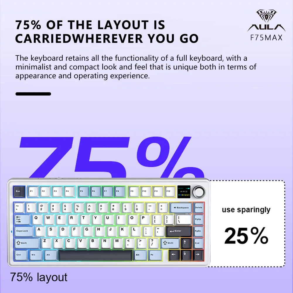 Teclado Mecânico Gaming AULA F75 MAX 2.4G Sem Fios/BT/Com Fio Hot-Swap RGB 75% 81 Teclas Teclado de Escritório com Ecrã TFT