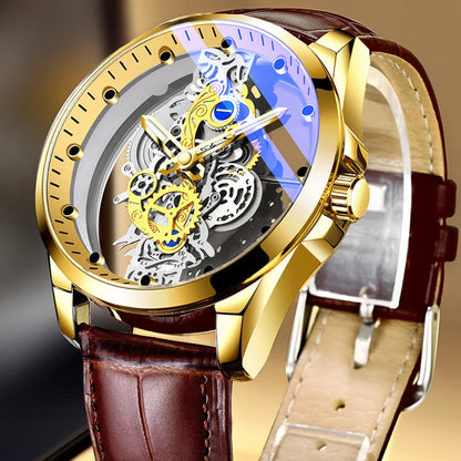 Trendy herenhorloge, model met dubbele opening, luxe gouden uitvoering, imitatie van een mechanisch tourbillon, quartz uurwerk.