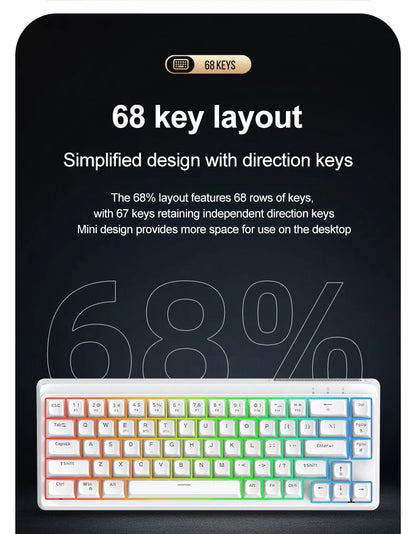 FREEWOLF M68SE Teclado mini con cable de 68 teclas, retroiluminación RGB, Type-C, diseño 68%, compacto para gaming, oficina, PC y portátil