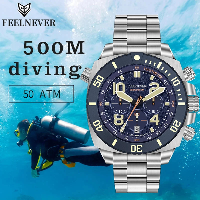FeelNever Sport Automatic Movement Quartz Watch Stainless Steel Sapphire Crystal Watches for Men 500M Waterproof Clocks Watch for Men